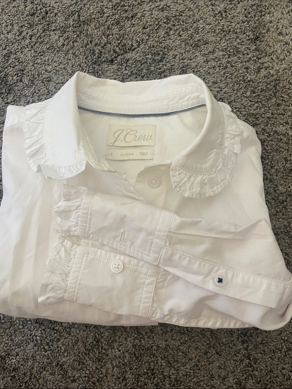 J. Crew White Ruffle Collar Button-Up Shirt